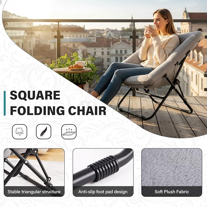 Tiita Comfy Saucer Chair, Soft Faux Fur Oversized Folding Accent Chair, Lazy Chair for Teens Adults, Metal Frame Moon Chair for Bedroom, Living Room, Dorm Rooms, X-Large, Grey
