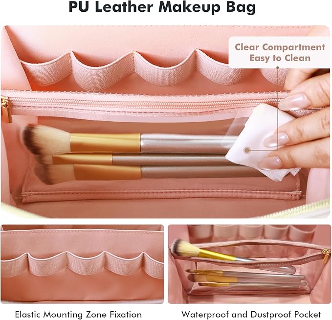 Prite Makeup Bag for Women Travel Waterproof Vegan Leather Cosmetic Bag Open Flat Toiletry Bag With Clear Divider and Handle (Pink, Large Pro)
