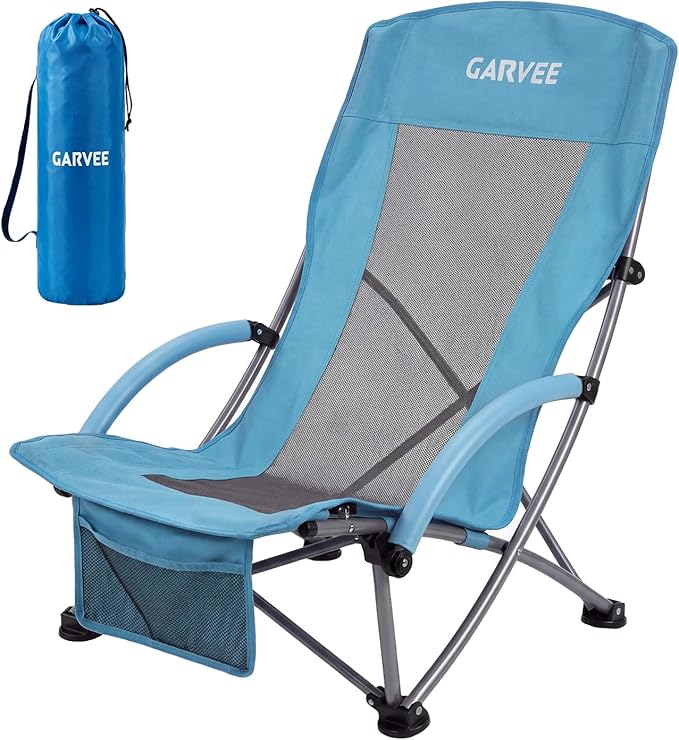 Garvee High Beach Chair, Folding Portable Beach Chairs for Adults, Lightweight Extra Wide Seat Chair with Cup Holder, Storage Pocket & Carry Bag for Camping, Beach, Travel