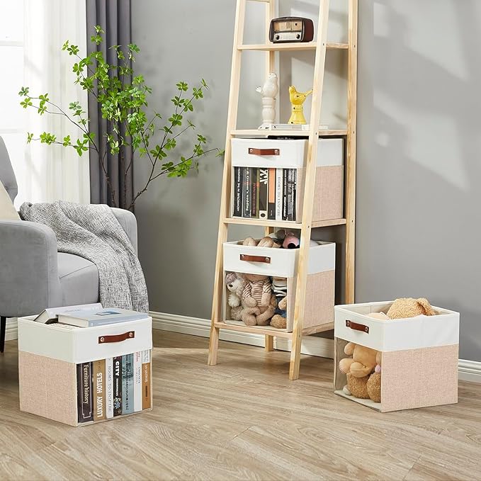 Bagnizer Storage Cubes, 4 Pack Linen Foldable Storage Bins with Clear Window and 2 Handles, 13x15x13 Storage Cube Bins for Shelf Closet, Kallax, Clothes, Books - (Beige / Off-White)