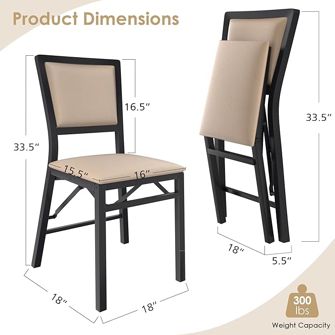 VECELO Folding Chairs Set of 2 with Cushion, Foldable Padded Seats with Heavy Duty Metal Frame for Kitchen/Dining/Living Room, No Assembly & Space Saving Design, Beige