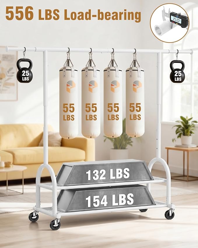 EAGMAK Heavy Duty Clothes Rack for Hanging Clothes Load 556 LBS, Height Adjustable Rolling Clothing Racks, Portable Metal Coat Rack Garment Wardrobe with Wheels and Shelves for Bedroom Laundry, White