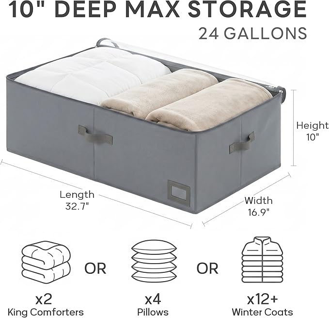 10-Inch Under Bed Storage Containers (2-Pack) | Sturdy Sidewalls | Clear Cover & Label Holder | Foldable Fabric Closet Bin Organizer | Stores Clothing/Blankets/Sweaters/Sheets