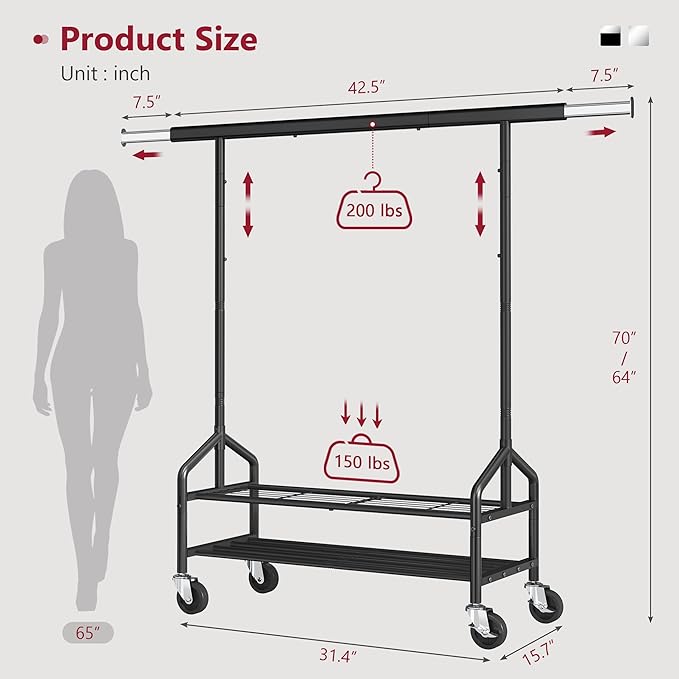 Tajsoon Clothing Rack Load 350 LBS, Metal Clothes Rack with Double Layer Shelves, Adjustable Garment Rack for Hanging Clothes, Heavy Duty Portable Rolling Rack, Black
