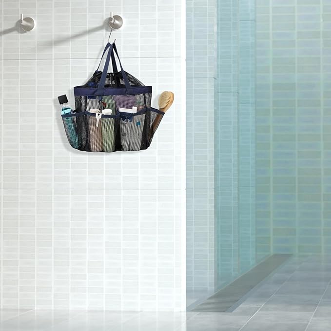 F-color Mesh Shower Caddy Portable with Drawstring - Large 8 Pockets Dorm Room Essentials for Guys Girls with S Hook, Shower Bag Basket Tote for College Camping Gym Travel Toiletry Bathroom, Dark Blue