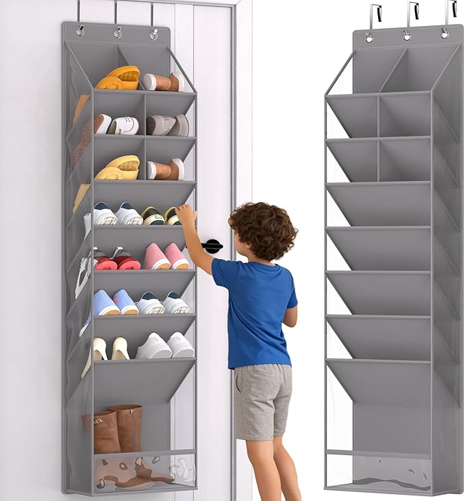 Door Shoe Organizer, Over The Door Hanging Shoe Rack with Large Pockets, Space Saving Shoe Storage for Closet, Entryway, Bedroom, Shoe Holder for Men Women Kids (Grey)