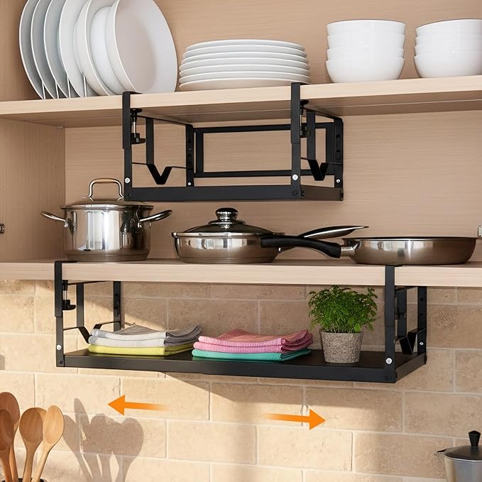 WELTOKE Under Shelf Storage Basket Organizer, Expandable Under Cabinet Shelf,Heavy Duty Metal Cabinet Hanging Shelf For Kitchen Cupboard Cabinet Pantry Laundry Desk Bookshelf Garage, Black(1 Pack)