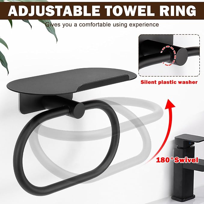 Hand Towel Ring with Shelf, Stainless Steel Hand Towel Holder, Heavy Duty Bath Accessories, Wall Mounted Towel Hanger for Bathroom Kitchen (Matte Black)