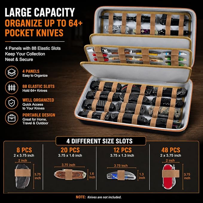 Knife Display Case for 64+ Pocket Knives, Butterfly Knife Storage Box, Folding Knives Organizer Holder, Knives Collection Organized Carrier for Survival, Tactical, Outdoor, EDC Mini Knife (Black)