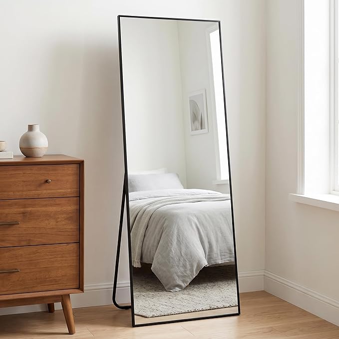 BEAUTYPEAK Full Length Mirror, 57"x18" Standing Hanging or Leaning Against Wall Floor Mirrors Body Dressing Wall-Mounted for Living Room, Bedroom with Aluminum Alloy Thin Frame, Black
