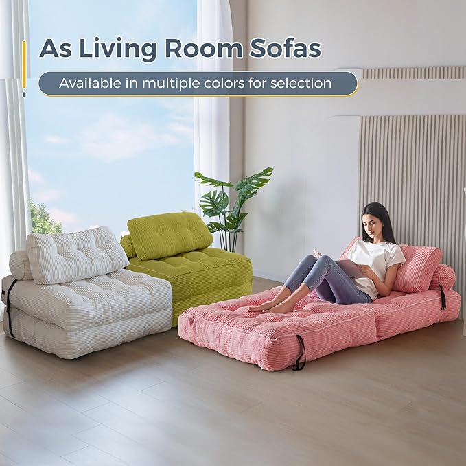 MAXYOYO Folding Sofa Bed, Convertible Chair with Pillow Foldable Couch with Back Support, Portable Fold Out Chair Bed Comfy Floor Sofa Lounge for Living Room Bedroom, Pink, Single