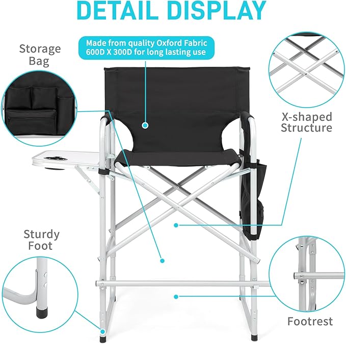 Outvita 2 Piece 26" Tall Directors Chair Height Seat Folding with Side Table Storage Pocket, Support for 300Lbs Portable Makeup Artist Chair with Bar Height(Black)