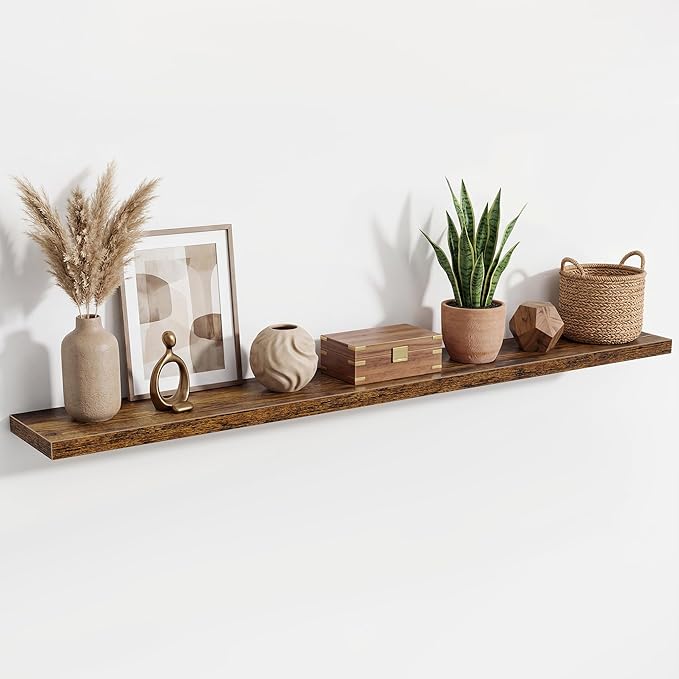 72 Inch Floating Shelves for Wall Set of 1,9.3" Deep Wall Shelves,Rustic Wood Wall Mounted Book Shelves with Invisible Brackets,Extra Long Floating Shelf for Living Room,Office,Bedroom,Rustic Brown