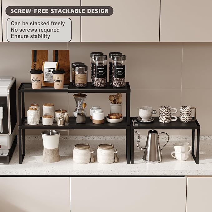 Magheo Expandable Cabinet Shelf Organizer, 1 Pack Stackable Kitchen Counter Shelf Riser, Metal Spice Rack Heavy Duty Countertop Organizer Storage for Kitchen, Pantry, Cupboard, Rv (8.7in Height,Black)