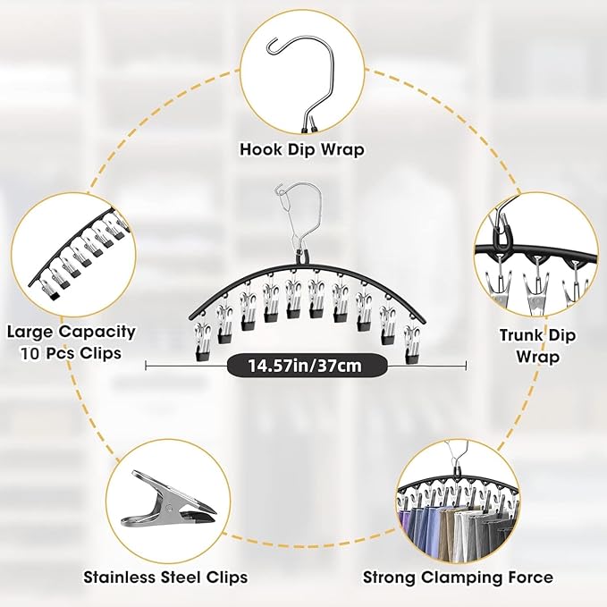 3 Pack Skirt Pants Hangers with Clips, Legging Organizer for Closet Hanging with 10 Cilps Holds 30 Leggings/Shorts/Jeans/Skirts Pants Hangers Space Saving Closet Organizers and Storage, Grey