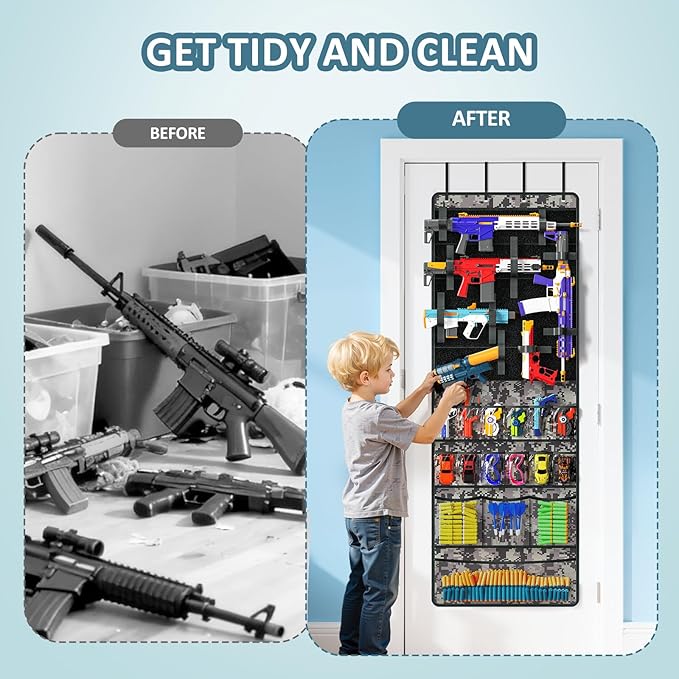Over The Door Organizer for Toy Guns, Toys Organizer with Pockets, Hook&Loop Straps for Foam Blasters, Darts, Goggles, Hanging Toys Gun Storage for Kid Rooms, Play rooms, Grey Camouflage