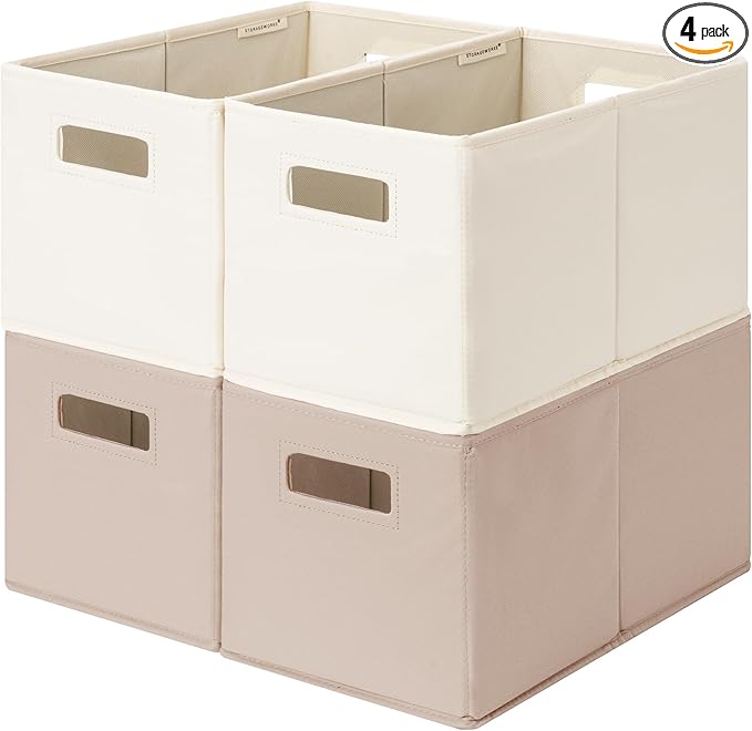 StorageWorks Fabric Storage Bins for Shelves, Closet Organizers and Storage Baskets, Collapsible Storage Bins with Cutout Handles, Medium, 4-Pack, Ivory and Light Brown