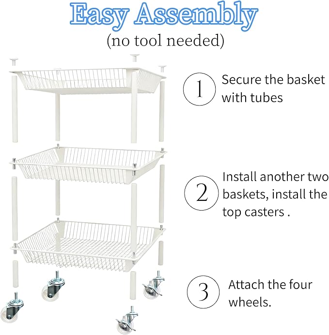 Kitchen Storage Cart for Fruit Vegetable 3 Tier Utility Cart with Wheels, White Rolling Pantry Floor Organizer Onion Potato Storage, Metal Wire Basket Stand Snack Shelf Home Organization