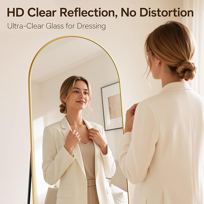 Antok Full Length Mirror, 71"x32" Floor Mirror with Stand, Hanging Mounted Mirrors for Bedroom, Living Room, Cloakroom, Dining Room, Gold, Arched