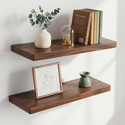 24 Inch Floating Shelves, Solid Wood Wall Shelves, 8 Inch Deep Floating Shelf – for Bathroom, Bedroom, Living Room, Kitchen, Home Decor & Storage, Heavy-Duty Wooden Shelf Wall-Mounted, Set of 2