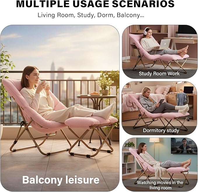 Tiita Folded Chair with Straight Ottoman, Soft Faux Fur Oversized Folding Accent Chair,Lazy Chair, Metal Frame Moon Chair for Bedroom, Living Room, Dorm Rooms, Garden and Courtyard, Pink