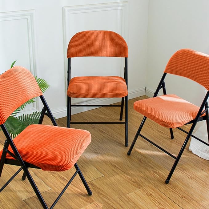 Dust-Proof Folding Chair Covers 2 Piece Set Backrest & Seat Cushion Cover for Office Meeting，Household，Computer，Party (Orange, One Size)