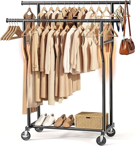 Clothes Rack, Double Rods Rolling Clothing Rack for Hanging Clothes Load 260 LBS Closet Rack with Wheels, Metal Portable Garment Rack for Bedroom Laundry Living Room, Black