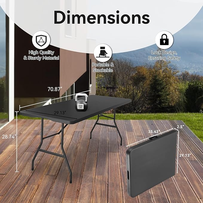 100 Pack of 6 Foot Foldable Table with Built in Handle & Steel Legs ,Heavy Duty Portable ,Perfect for Party, Dining, Wedding, Events, Picnic Indoor, Outdoor, Camping, Utility, Folding(Black-100pac)