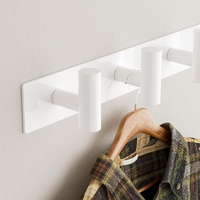 GWAAZXGZ White Wall Mounted Coat Rack – 5 T-Shaped Pegs for Hats, Bags & Towels, Heavy-Duty Metal Rail for Entryway, Bathroom, Closet, Bedroom (1 Pack)