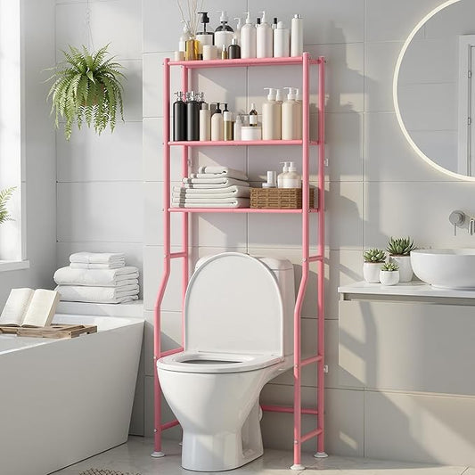 3-Tier Over The Toilet Storage, Freestanding Metal Bathroom Shelves, Space Saver Above The Over Toilet Storage Shelf for Bathroom (Pink)