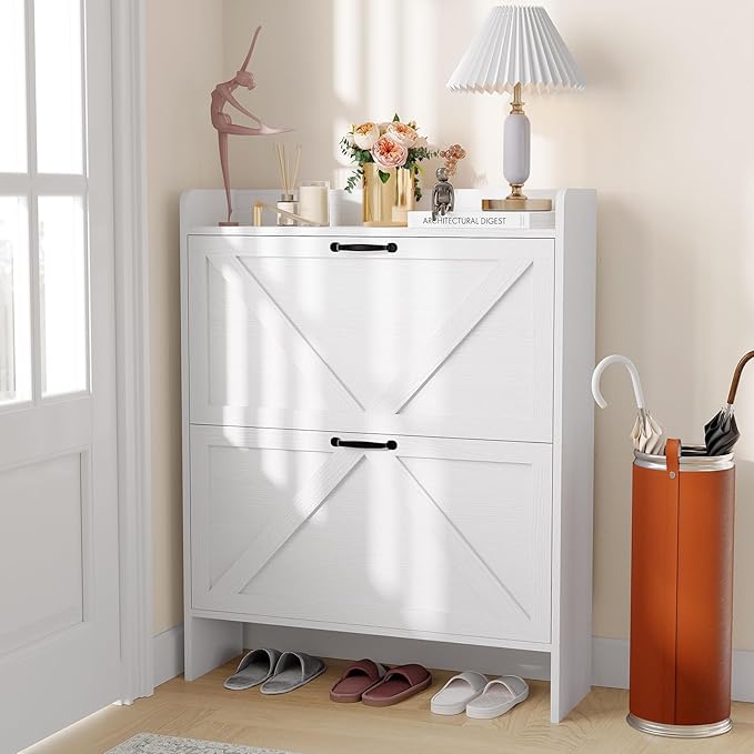 Shoe Cabinet Organizer with 2 Flip Drawers, Freestanding Narrow Shoe Rack for Entryway, Freestanding Hidden Shoe Storage Cabinet for Entryway, Hallway, Living Room, Bedroom, White