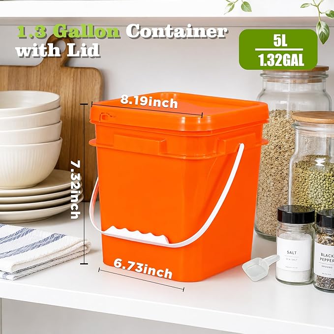 DEMORA 1.3Gallon Food Grade Square Plastic Bucket with Lid, Airtight Storage Container, Reusable Pail for Kitchen Food Water Ice Cream Household Use (Orange, 4Pcs)