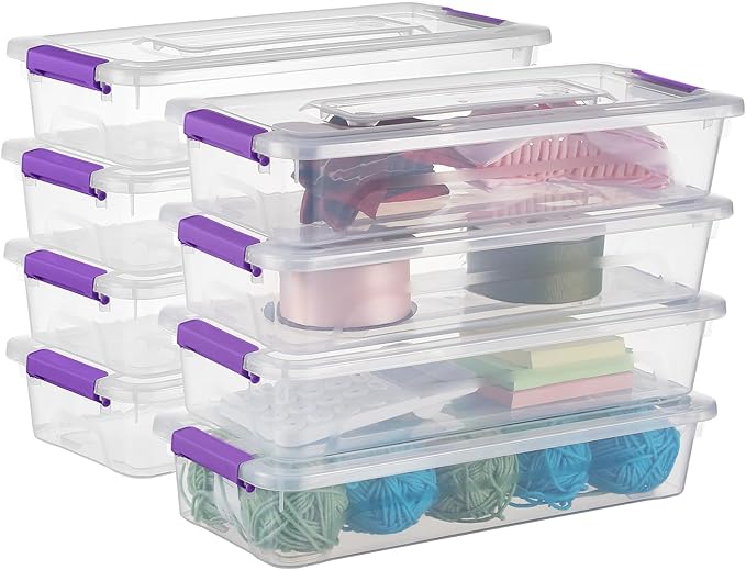 Plastic Storage Containers Clear Craft Storage Bins with Grey Handle,Organizer Box with Durable Lids Stackable Containers for Organizing Craft and Tools (8 Pack-4 Quart Purple)