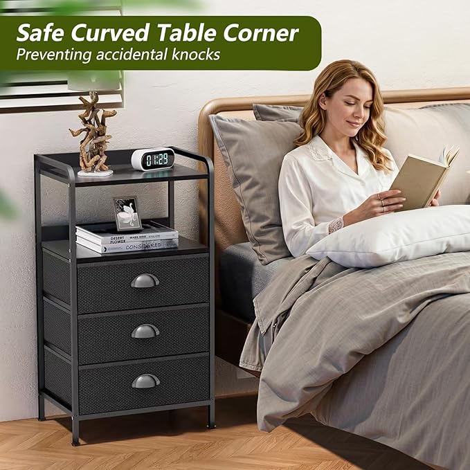 Night Stand Set 2, Nightstand with 3 Fabric Drawers and 2-Tier Shelf, Small Dresser Organizer, Bedside Table with Storage, End Table for Bedroom, Steel Frame, Wood Top, Black