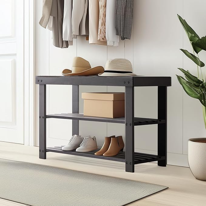 NEWBULIG Shoe Rack Bench, 3-Tier Bamboo Shoe Organizer, Wooden Entryway Storage Bench, 286 lb Load Capacity, 11.2x27.6x17.9 Inches, for Entryway Bathroom Bedroom Balcony, Brown