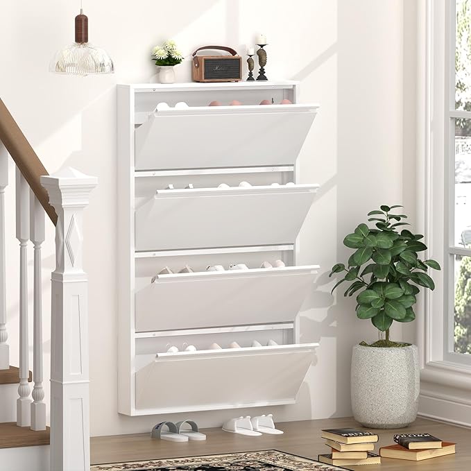GREATMEET Slim Wall Mounted Shoe Cabinet, 6 Inch Narrow White Hidden Metal Shoe Storage with 4 Flip Drawers, Tall 57 Inch Steel Space Saving Organizer Rack for Entryway Hallway Small Spaces