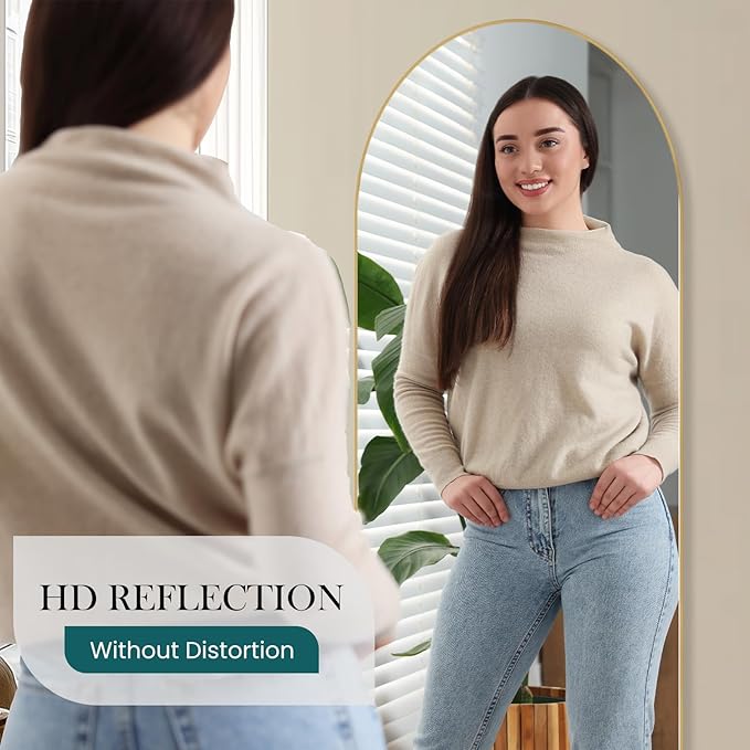 NEWBULIG 64"x21" Arched Full Length Mirror, Full Body Floor Mirror with Aluminum Alloy Thin Frame, Wall or Standing Mirror for Bedroom, Living Room, Dressing Room, Gold