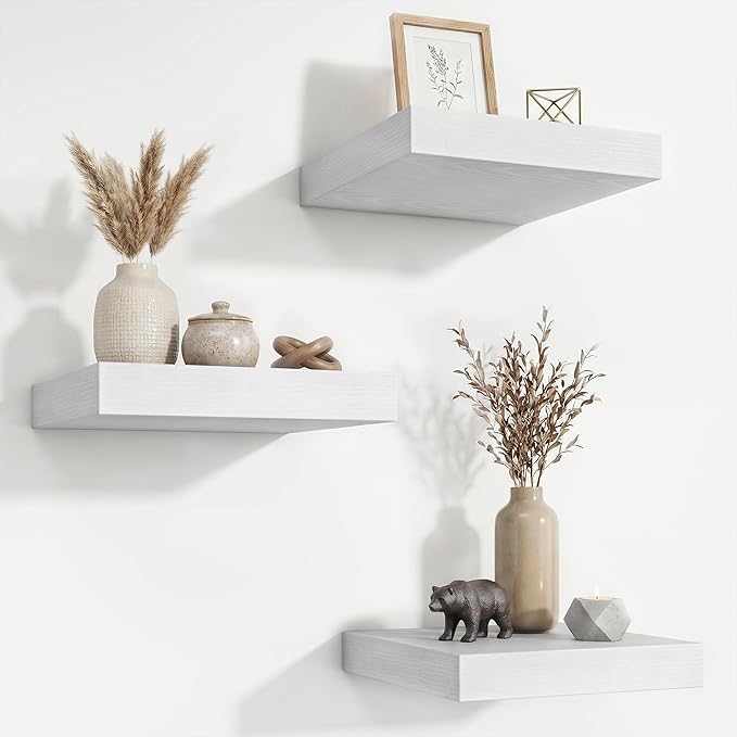 Acovy Floating Shelves for Wall 9 Inch,9.3" Deep Square Floating Shelf Set of 3,Wall Shelves Hanging Shelf with Invisible Brackets,Wall Mounted Shelf for Kitchen Living Room Bedroom Bathroom,White