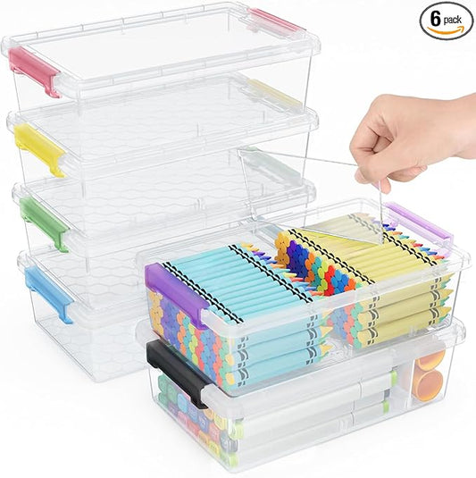 6 Pack Extra Large Pencil Box with Removable Divider, Thickened Pencil Case Bulk, Clear Crayon Marker Organizer Stackable Plastic Small Storage Containers for Pen Craft School Supplies (Multi)