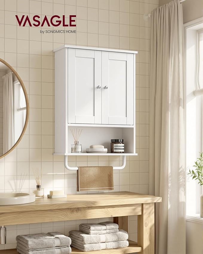 VASAGLE Siren Collection - Hanging Bathroom Cabinet with Towel Rod, Farmhouse Wall Storage Cabinet, with Adjustable Shelf, and Doors, 7.9 x 17.7 x 23.6 Inches, Cloud White UBBK148WB01S