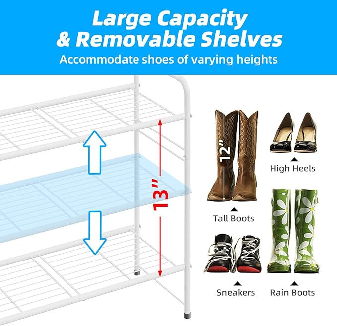 3 Tier Shoe Rack for Closet, 44 Inch Extra Long Shoe Storage Organizer for Shelves, Heavy Duty Metal, Easy Assembly, White
