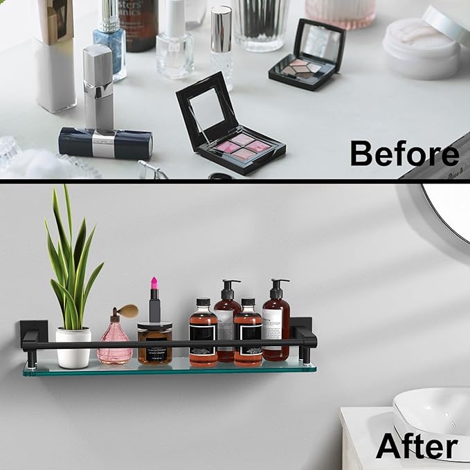 Bathroom Glass Shelf 20IN Rectangular Stainless Steel Tempered Glass Shelves Modern Stainless Steel Wall Mount Bathroom Shelf (Matte Black, 20‘’)
