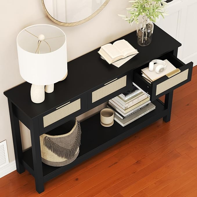 Luoxiao Entryway Table, 47" Rattan Console Tables with 3 Drawers, Narrow Hallway Table for Entryway with Storage Shelf, Slim Sofa Table Behind Couch, Modern Black Foyer Entry Way Table, Easy Assembly