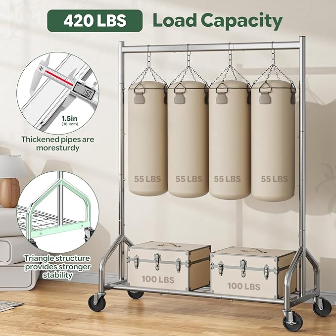 Simple Trending Heavy Duty Clothes Rack Load 420 LBS, Rolling Clothing Racks with Lockable Wheels, Metal Garment Rack for Hanging Clothes, Bedroom, Laundry Room, Silver