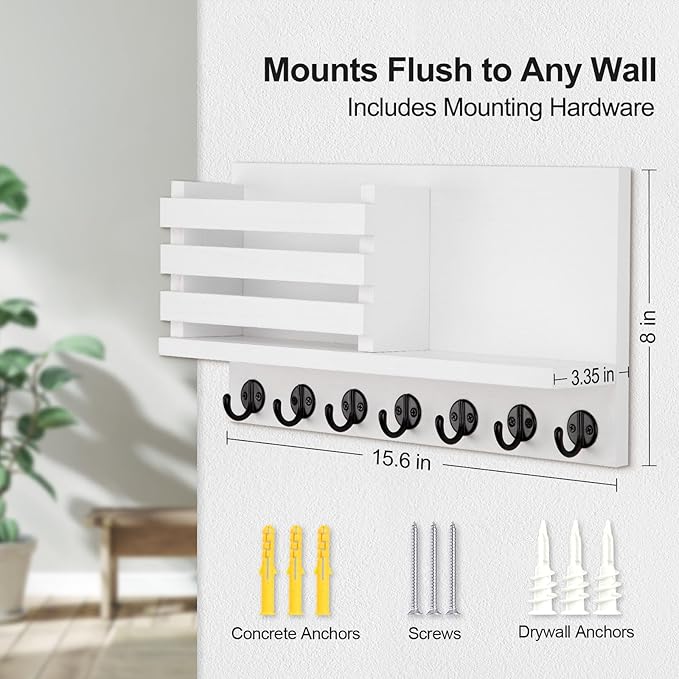 Lwenki Key Holder for Wall – Decorative Wooden Mail Holder and Key Shelf with Mounting Hardware, Installation Guide – Paulownia Wood with Metal Key Hooks (White, Extra Large - 15.6inch)