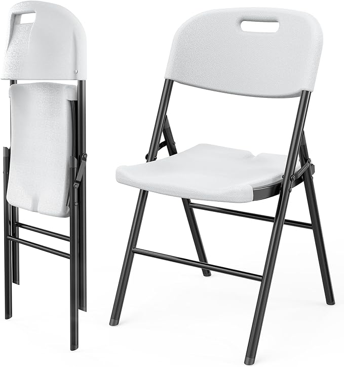 VINGLI Folding Chairs, Heavy Duty Foldable Chair Portable HDPE Plastic Seat with Steel Frame for Indoor Outdoor Dinning Party Wedding School Use, White, 2 Pack