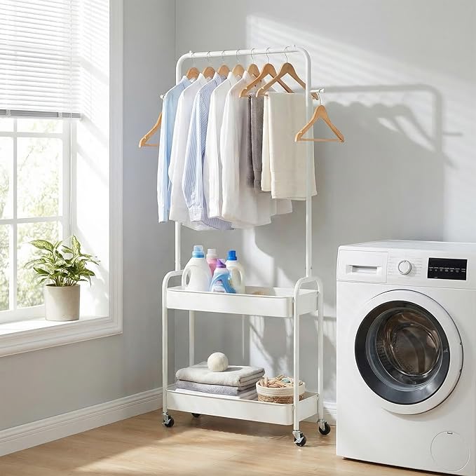 LDAILY Small Rolling Clothes Rack, Heavy Duty Clothing Rack with 2 Baskets, 4 Wheels for Hanging Clothes & Storage, Multi-Purpose Portable Closet for Bedroom, Living Room, Laundry, Small Space (White)