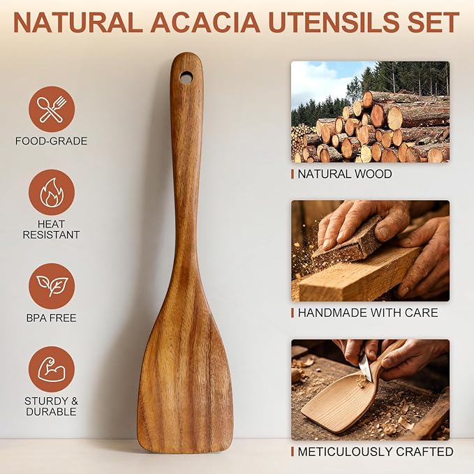 Wooden Spatula for Cooking Utensils Set Acacia Wood Spatulas for Kitchen Use Non Toxic Serving Utensil Slotted Turner Wood Scraper Flat Baking Cooking Spatula Non Stick Spurtle Wok Kitchen Utensils