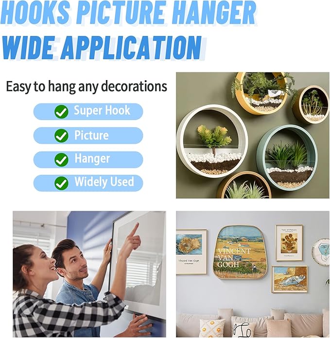 FURHUA 20pcs Black Super Hook Picture Hangers and Office Pack, Drywall Hooks for Hanging Pictures, Wall Hooks, Picture Hangers, Picture Hanging Kit，Hang Art, Clock, Shelves, Mirrors
