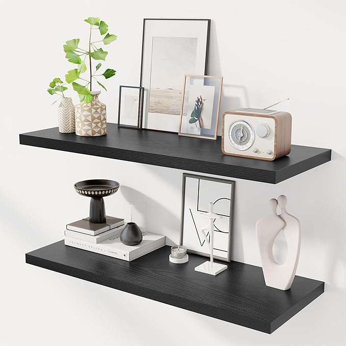 Dreamland 36" Floating Shelves for Wall, 12" Deep Slim Black Floating Shelves,Wall-Mounted Shelves for Bedroom, Living Room, Kitchen, Bathroom - Set of 2